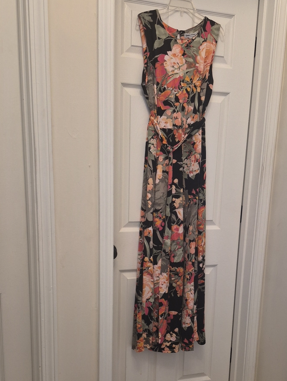 Shelby & Palmer Black Floral Maxi Dress with Peach and Green Accents